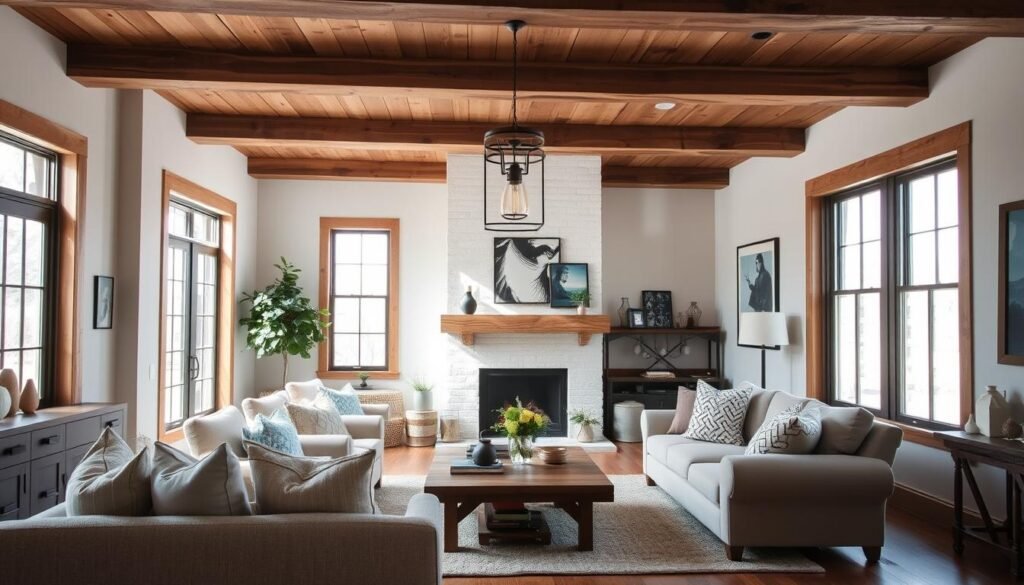 Industrial-style pendant lights in a farmhouse modern living room