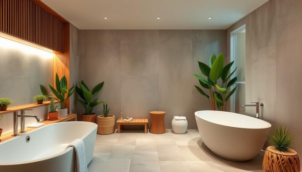 Spa-inspired bathroom with natural elements and greenery