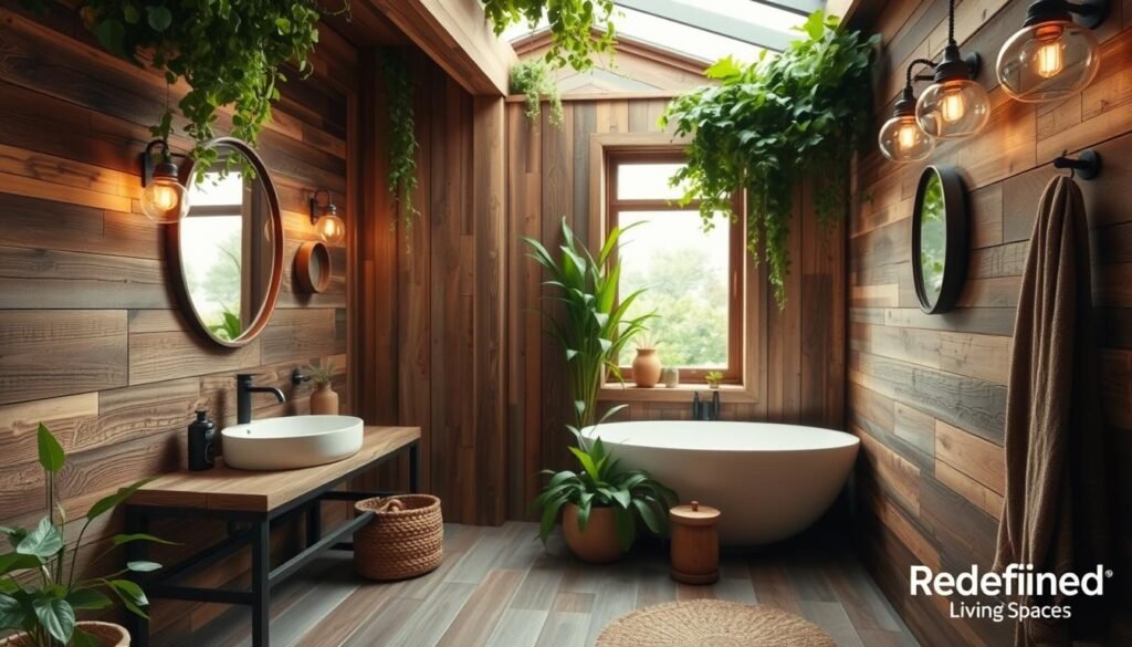 Sustainable bathroom décor with reclaimed wood and energy-efficient lighting