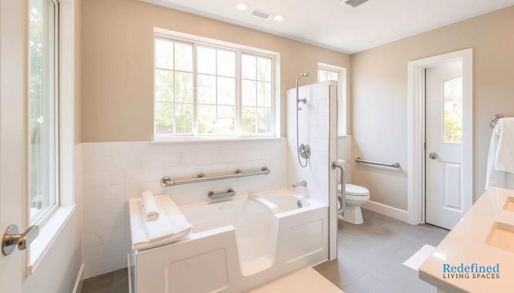 accessible bathroom design with walk-in tub and grab bars