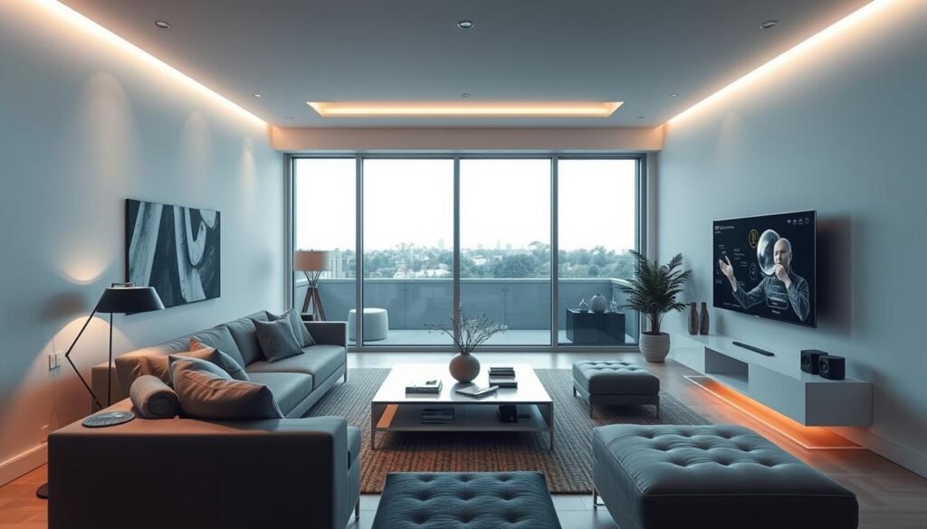 automated living room with smart home devices