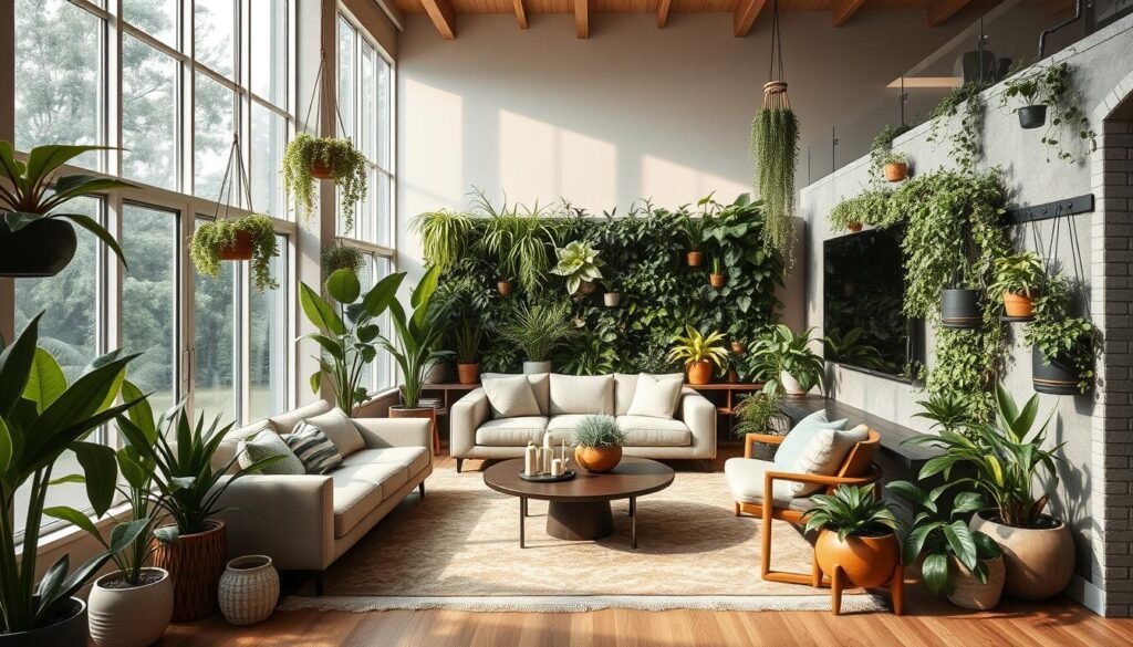 biophilic design living room with indoor plants