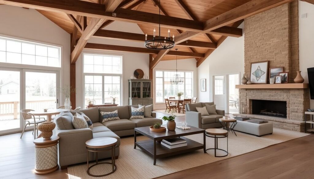 modern farmhouse decor in an open concept living room