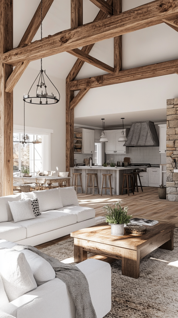 reclaimed wood accents in a farmhouse modern living room